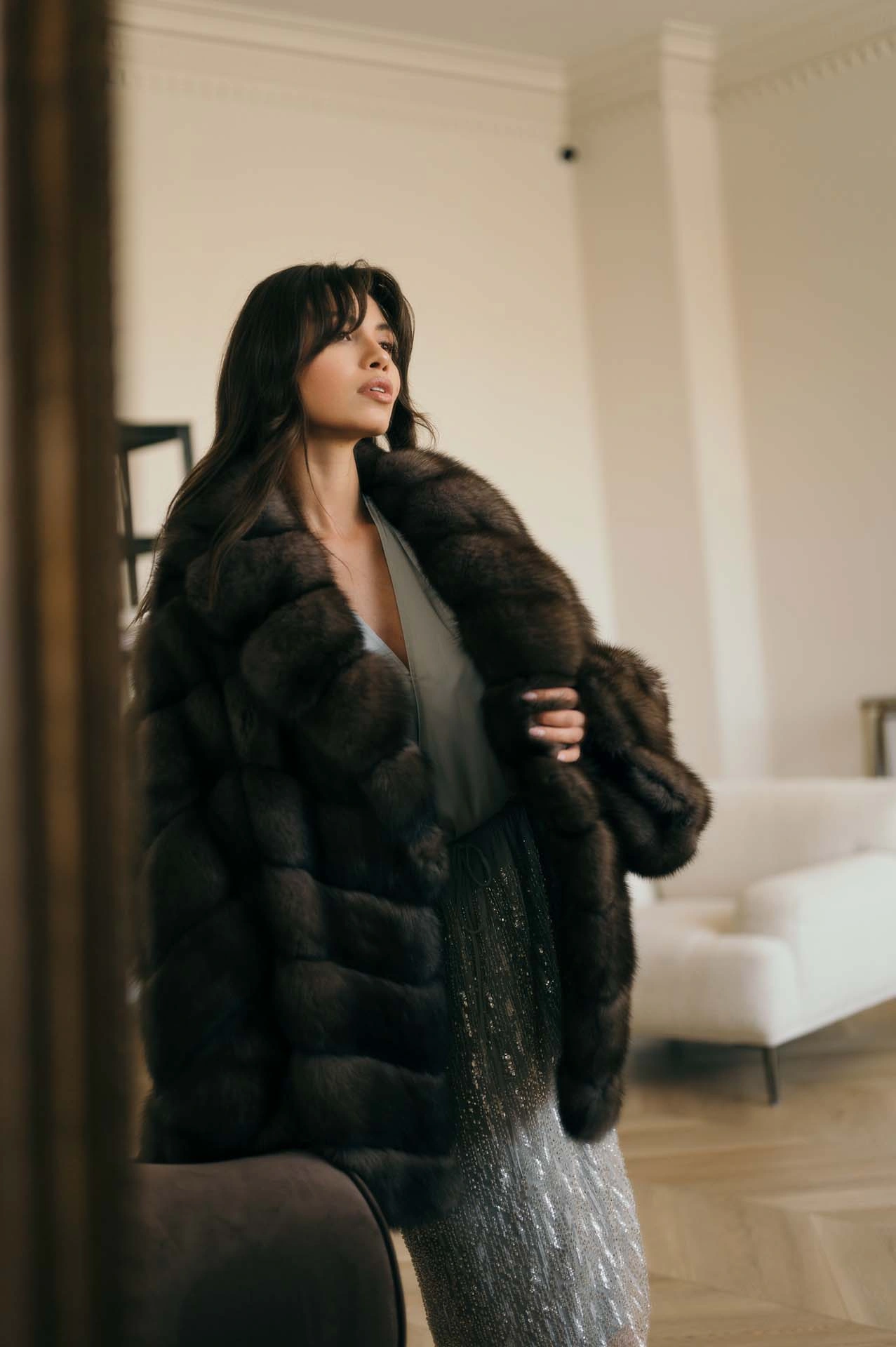 Barguzin Sable Fur Coat with French Jacquard