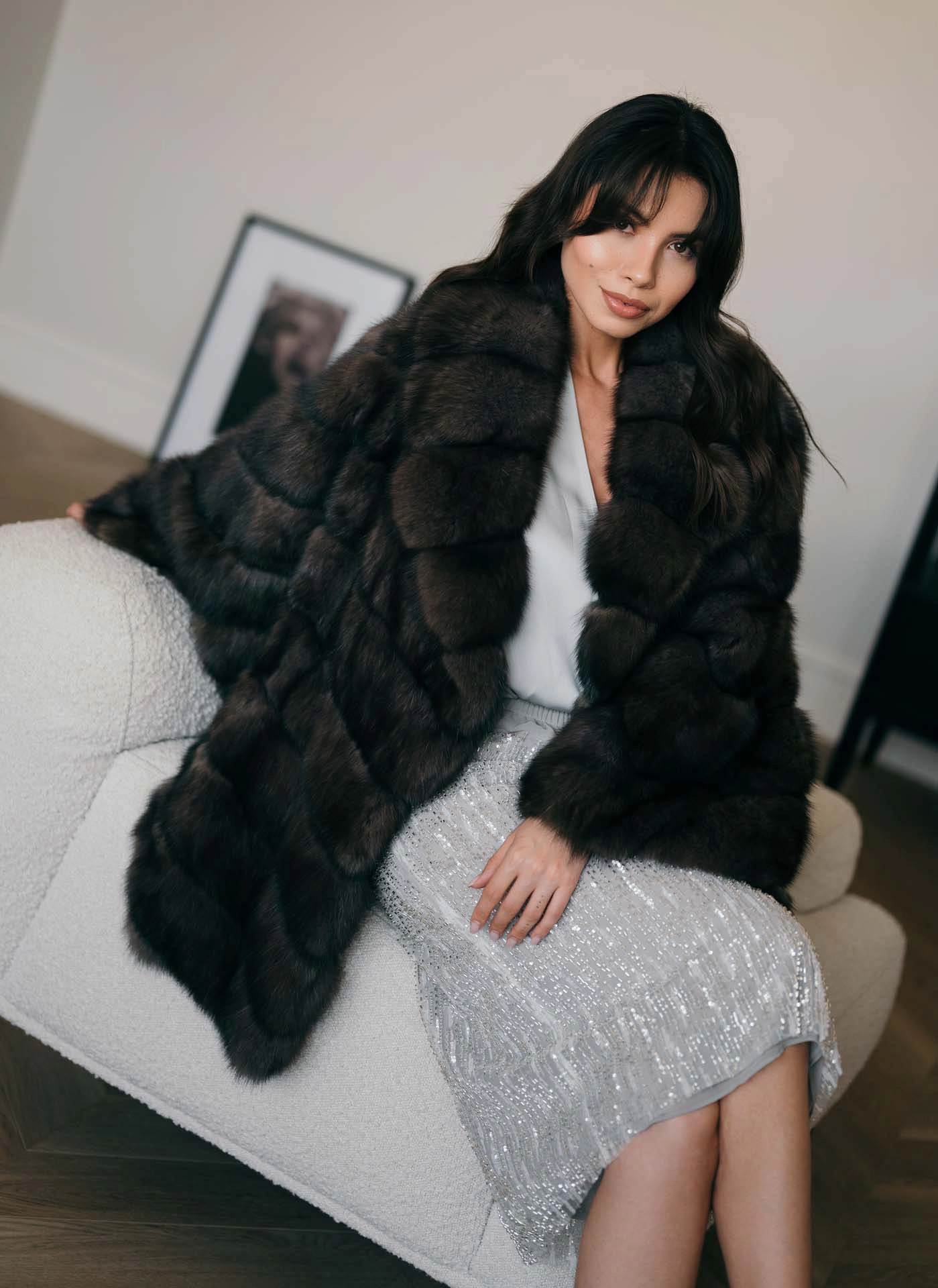 Barguzin Sable Fur Coat with French Jacquard