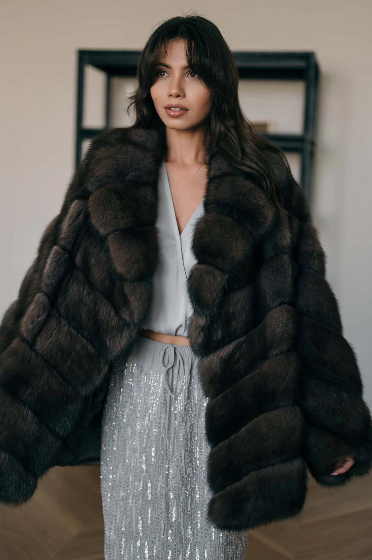 Barguzin Sable Fur Coat with French Jacquard